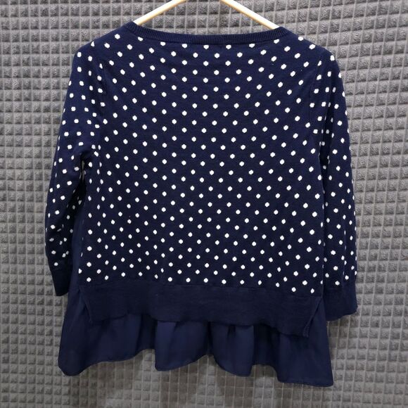 Navy Polka Dot Ruffle Sweater SzM 3/4 Sleeve Preppy Coastal Cottage Soft Stretch - Picture 8 of 13